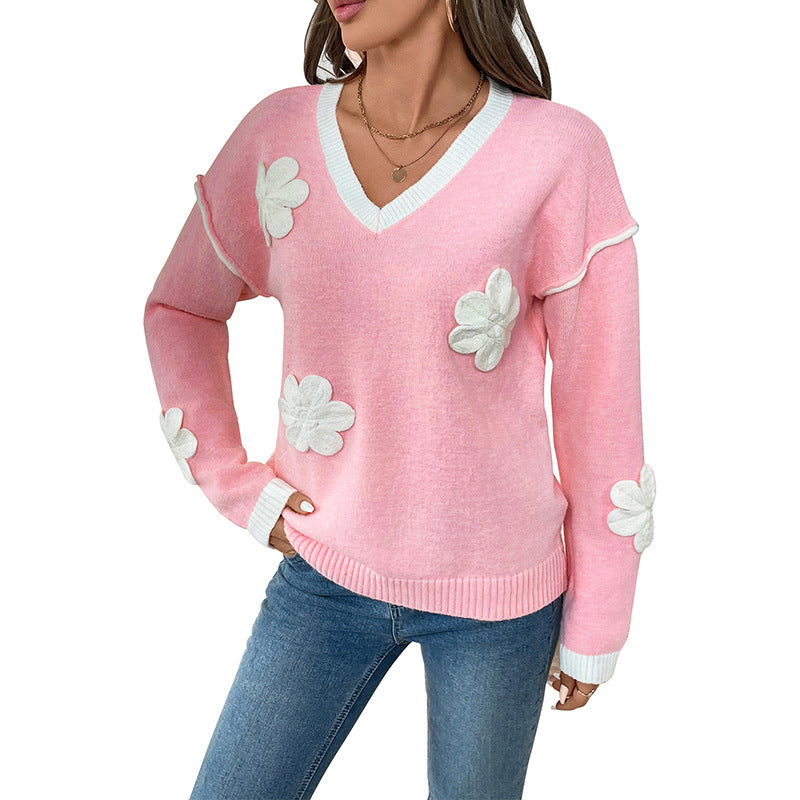 Damen V-Ausschnitt Pullover mit Blumen-Design Sovae