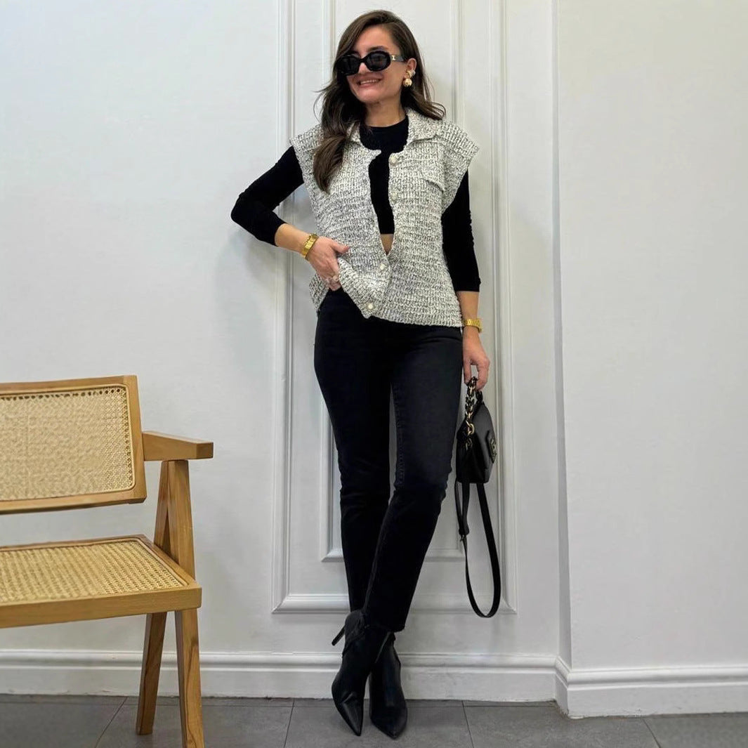 Damen ärmellose Jacke mit strukturiertem Stoff und praktischen Knopfdetails Sovae