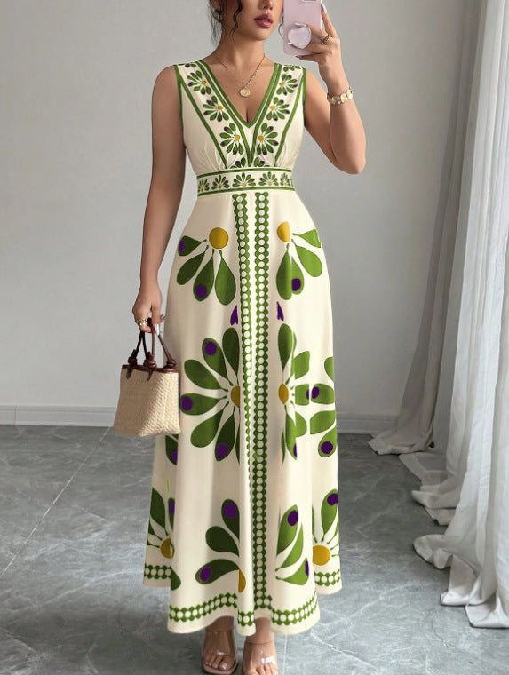Damen Maxikleid mit voluminösem Blumenmuster und tiefem V-Ausschnitt Sovae