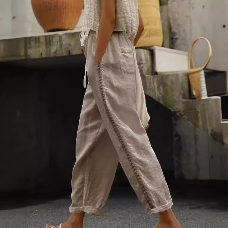 Damen Lockere Leinenhose mit seitlicher Knopfdetail Sovae