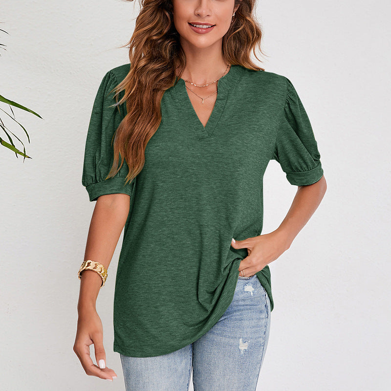 Damen V-Ausschnitt Kurzarmshirt mit Puffärmeln Sovae