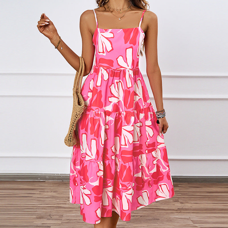 Damen luftiges Midi-Kleid mit floralem Musterdruck und Rüschensaum Sovae