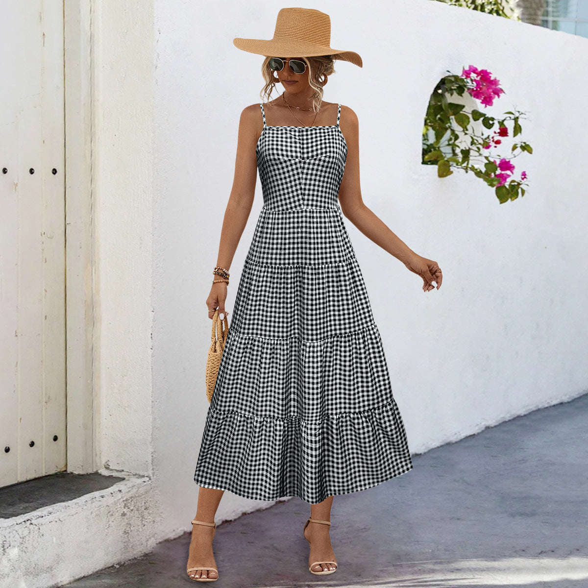 Damen Maxikleid im karierten Design mit Taillenakzent und Rüschensaum Sovae