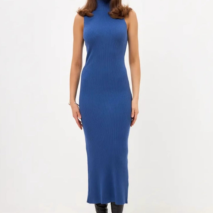 Damen Elegantes figurbetontes Maxikleid mit hochgeschlossenem Kragen und feiner Rippenstruktur Sovae