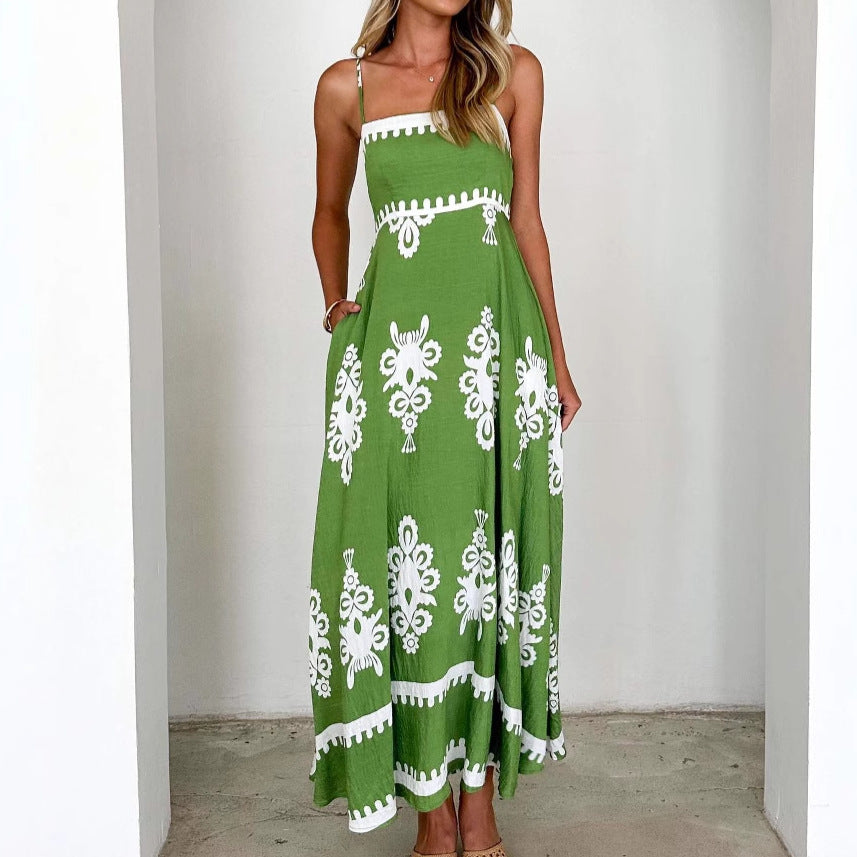 Damen Maxi-Kleid mit verzierten Trägern und elegantem Muster Sovae