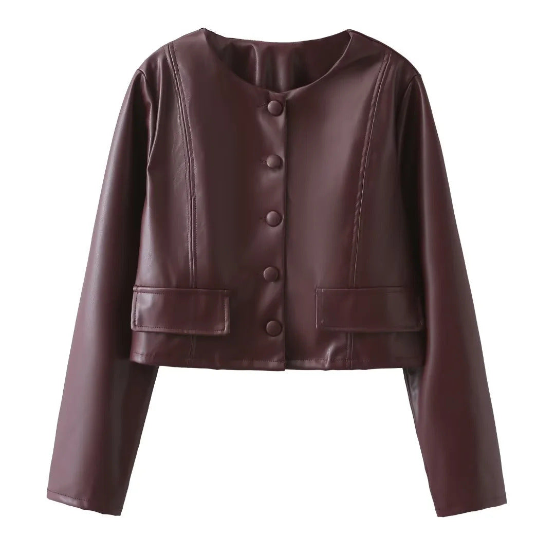 Damen Kunstleder Jacke mit Knopfdetails und eleganten Taschen Sovae