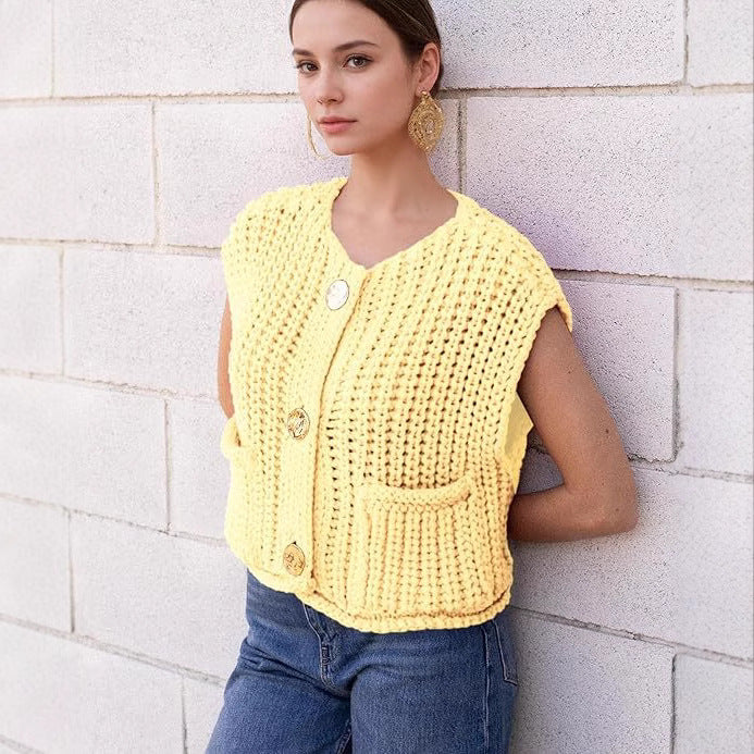 Damen Strickweste mit Taschen und Knopfverschlüssen Sovae