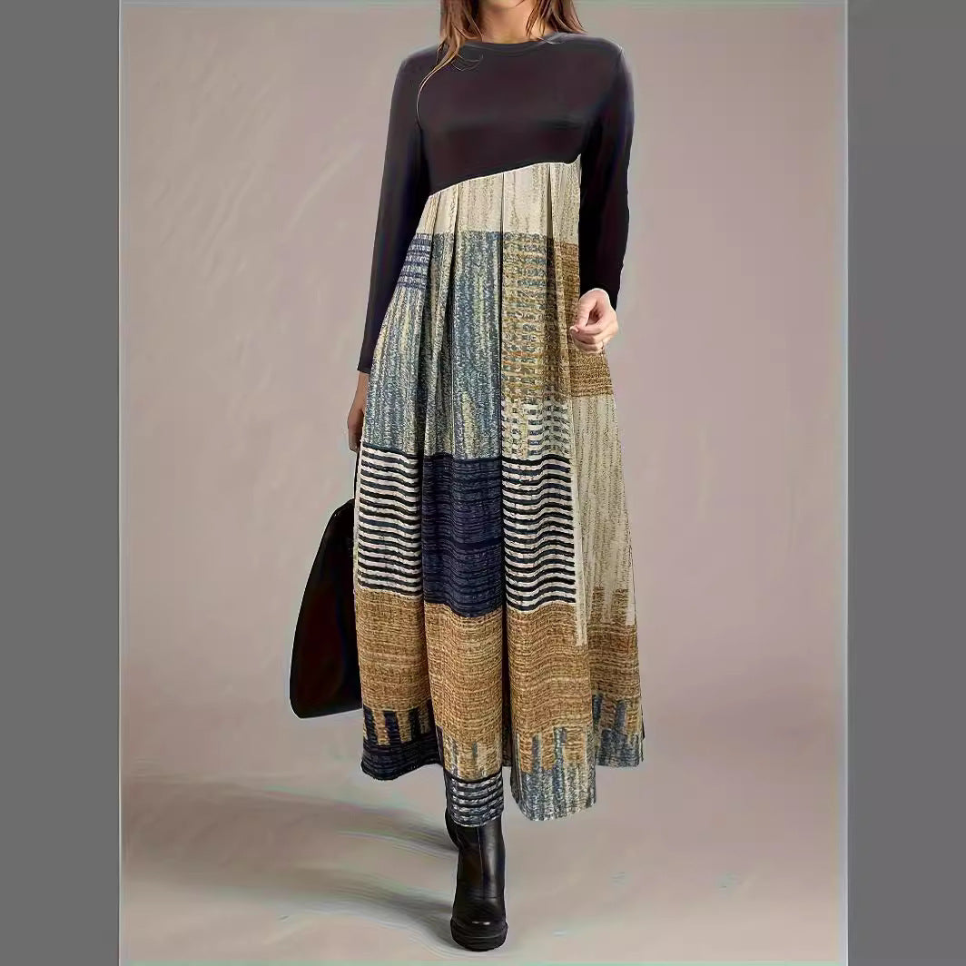 Damen elegantes Maxikleid mit Plissee und Kontraststreifen Sovae