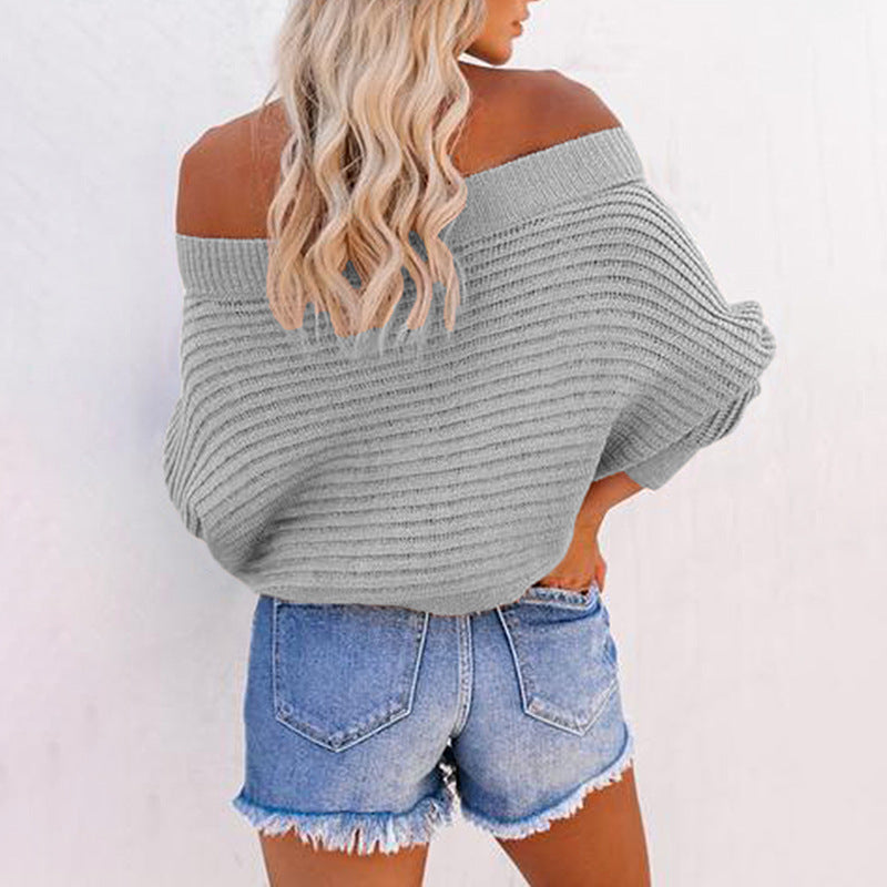 Damen lässiger Pullover mit schulterfreiem Design und strukturiertem Strickmuster Sovae