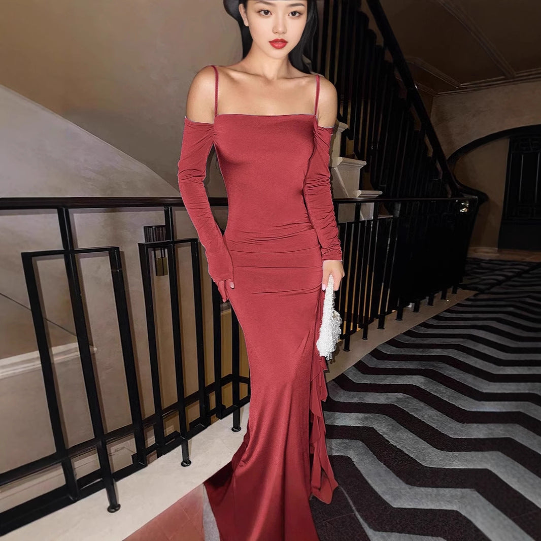 Damen Elegantes langärmliges Maxikleid mit asymmetrischem Saum und Rüschendetails Sovae