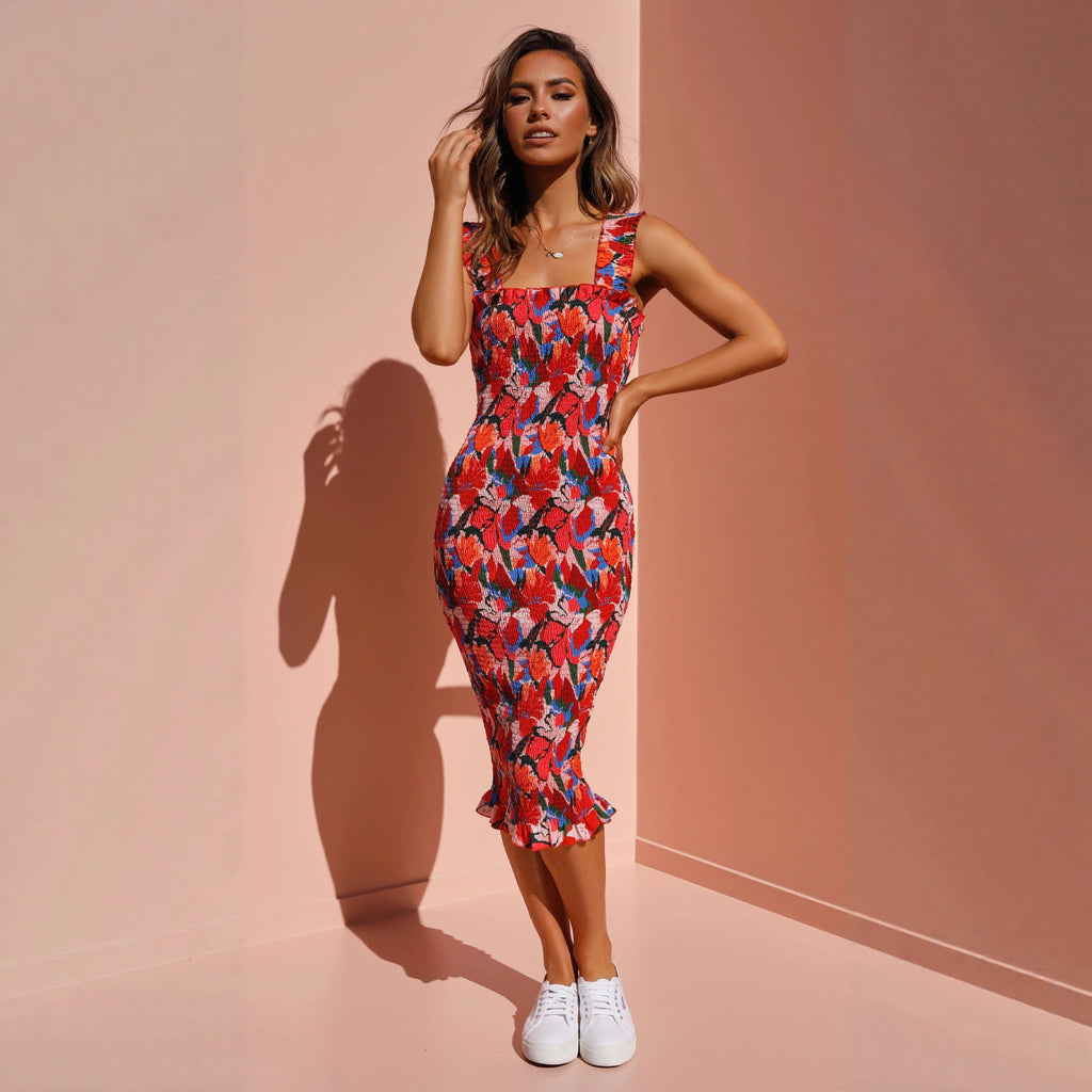 Damen Blumenmuster Midi-Kleid Sovae