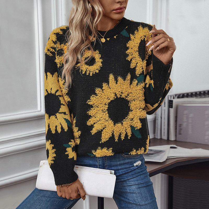 Damen kuscheliger Pullover mit Sonnenblumenmotiv Sovae
