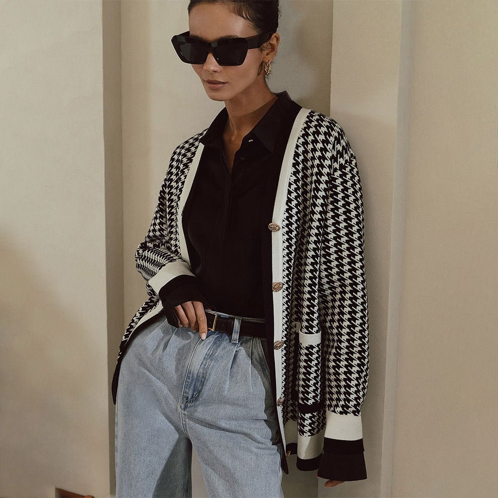 Damen Strickcardigan mit klassischem Hahnentritt-Muster und Knopfleiste Sovae
