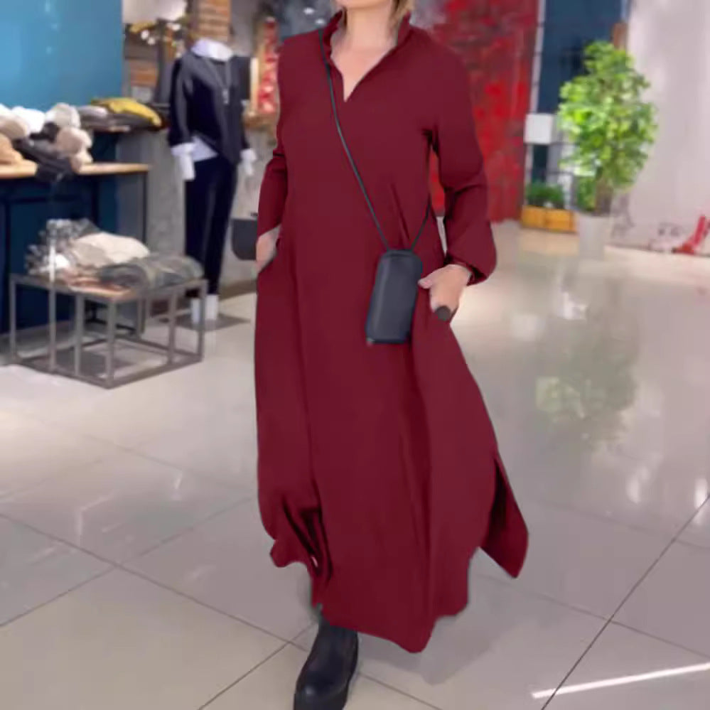 Damen lässiges Midi-Kleid mit praktischen Taschen und hoher Kragen Sovae