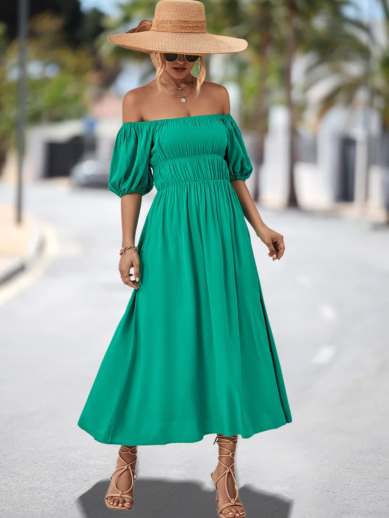 Damen Off-Shoulder Maxikleid mit voluminösen Puffärmeln und elastischem Taillenband Sovae