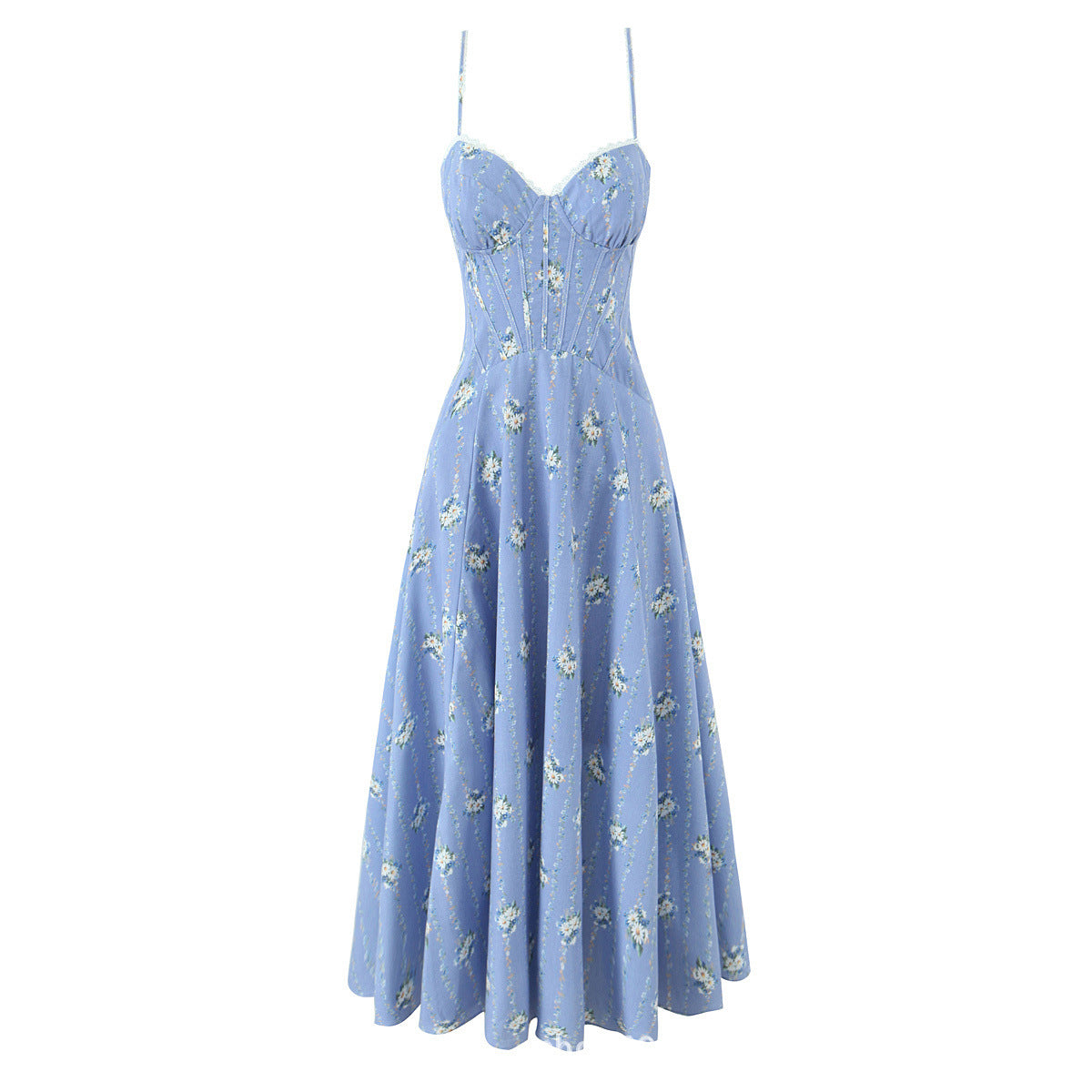 Damen Midi-Kleid mit floralem Design und feinen Spaghetti-Trägern Sovae