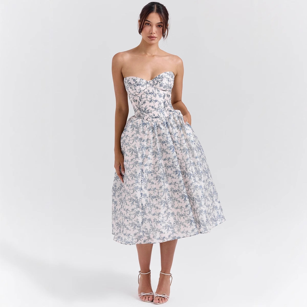 Damen elegantes Midikleid mit herzförmigem Ausschnitt und floralem Muster Sovae
