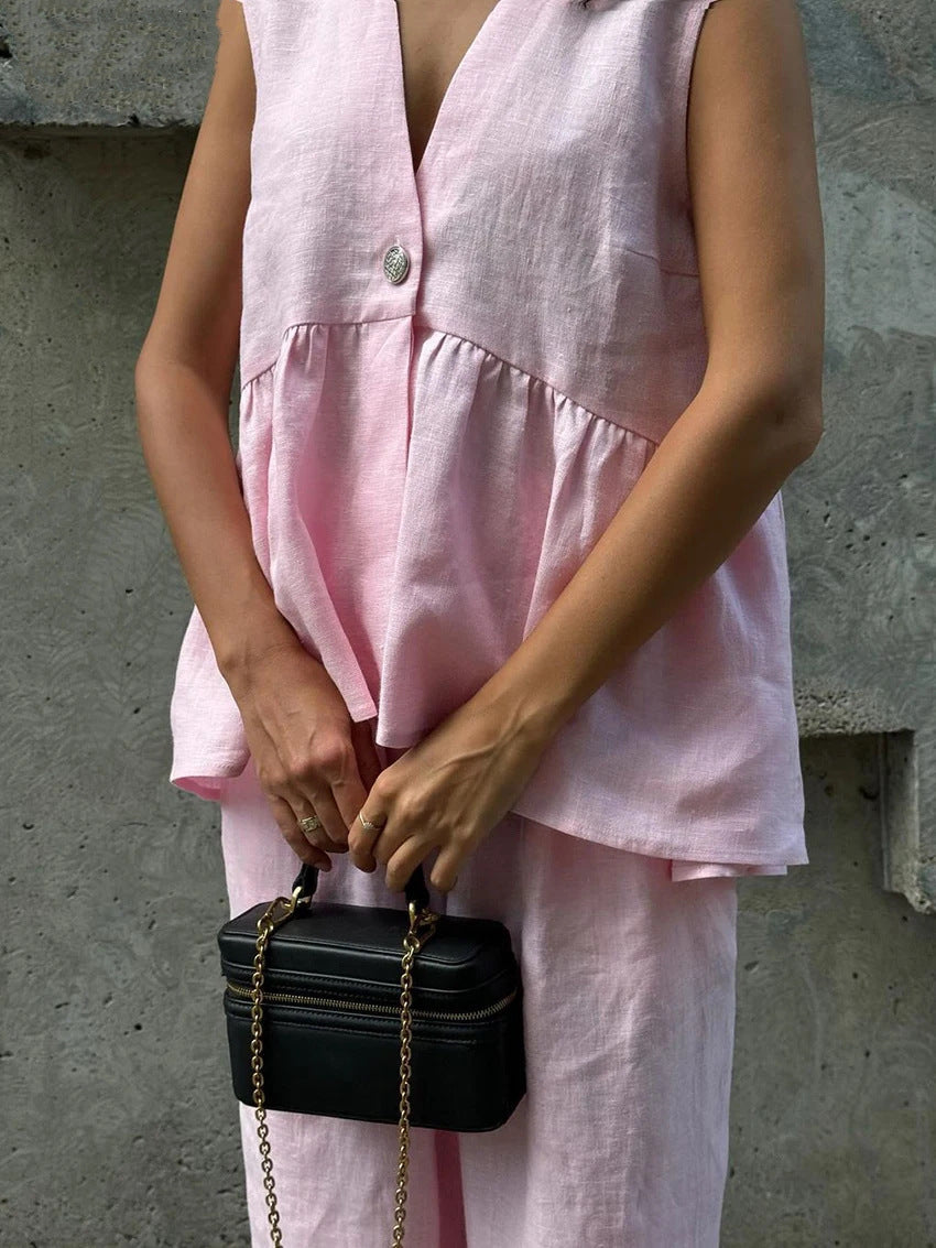 Damen eleganter und luftiger Hosenanzug mit tiefem V-Ausschnitt Sovae