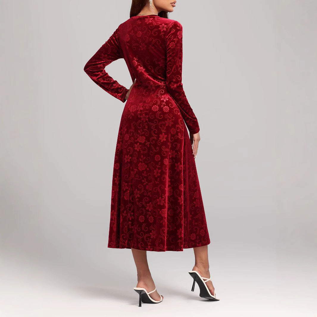 Damen Samt-Maxikleid mit floralen Mustern und langem Arm Sovae