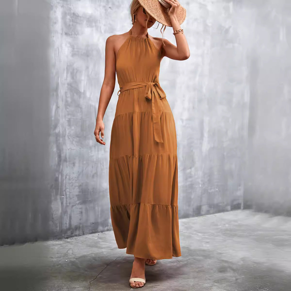Damen Maxikleid mit schickem Halterdesign und fließendem Rock Sovae