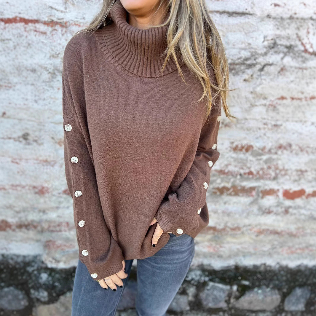 Damen hochschuliger Strickpullover mit Knopfdetails Sovae
