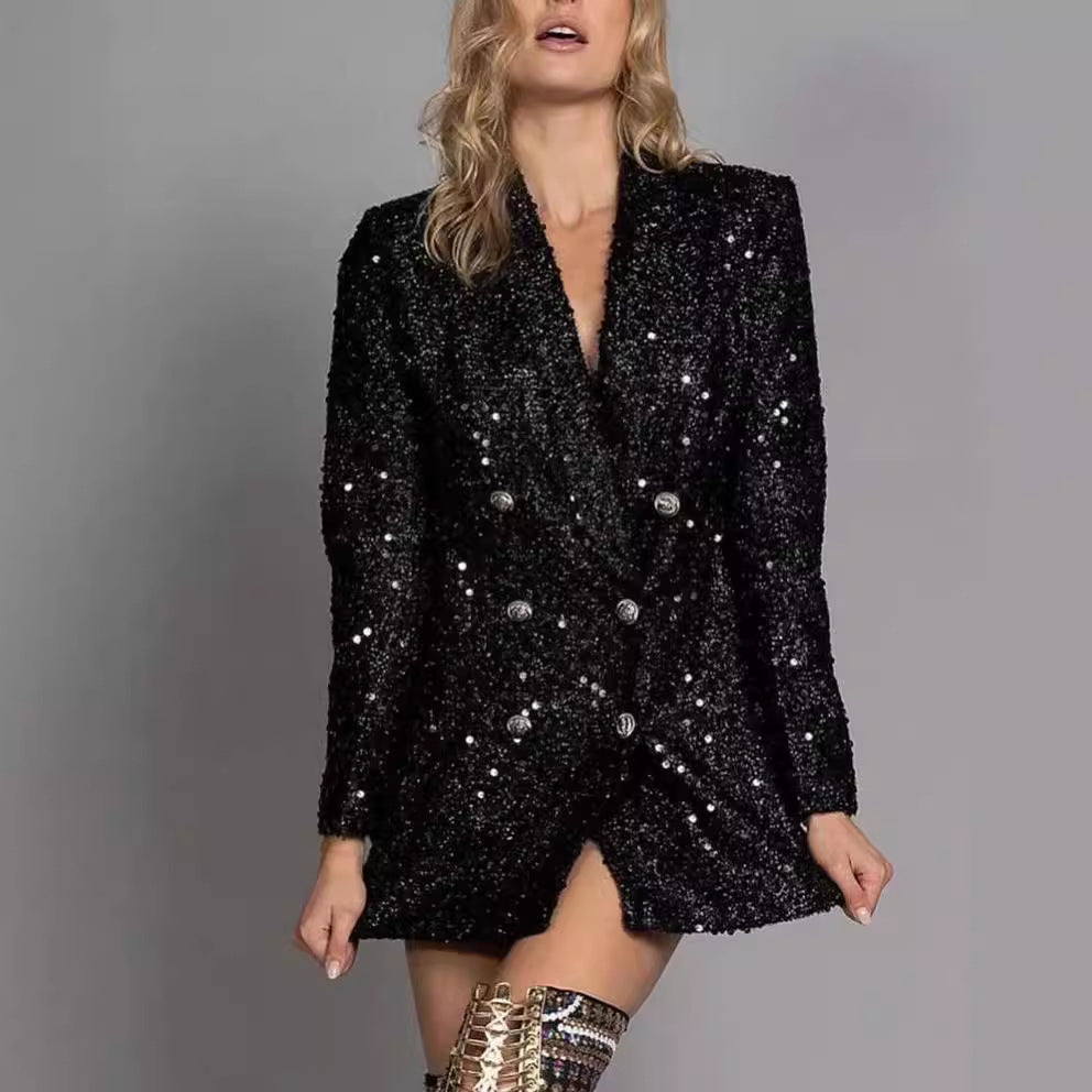 Damen Glitzernder Blazer mit doppelt geknöpftem Design Sovae