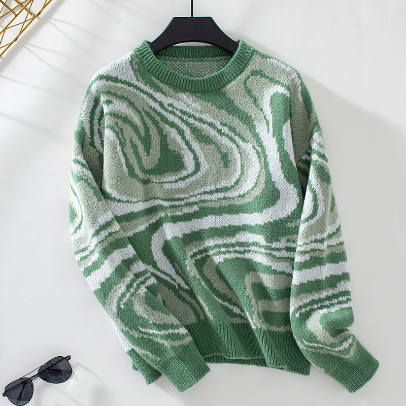 Damen gemusterter Strickpullover mit modernem Wellenmuster und Rundhalsausschnitt Sovae
