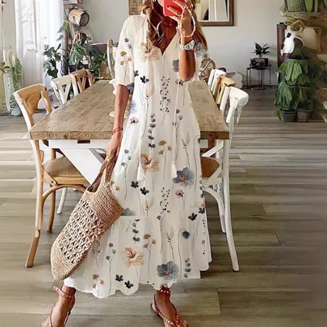 Damen Maxikleid mit floralen Stickereien und elegantem V-Ausschnitt Sovae