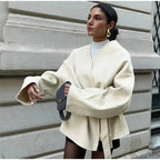 Damen trendige Wickeljacke aus weichem Stoff mit Gürtel und langen Ärmeln Sovae