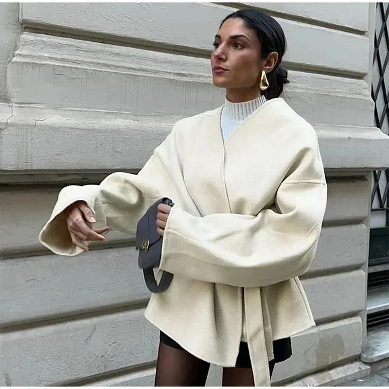 Damen trendige Wickeljacke aus weichem Stoff mit Gürtel und langen Ärmeln Sovae
