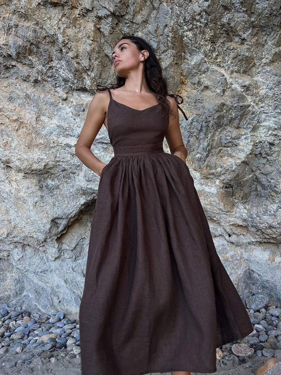 Damen Leinen Maxikleid mit verstellbaren Trägern und elegantem Schnitt Sovae