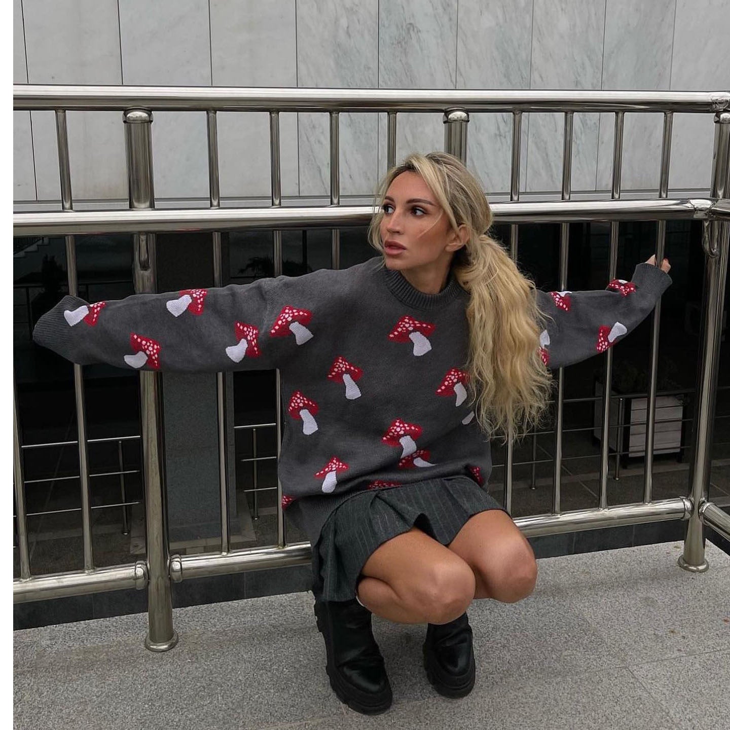 Damen Pullover mit verspielten Pilzstickereien Sovae