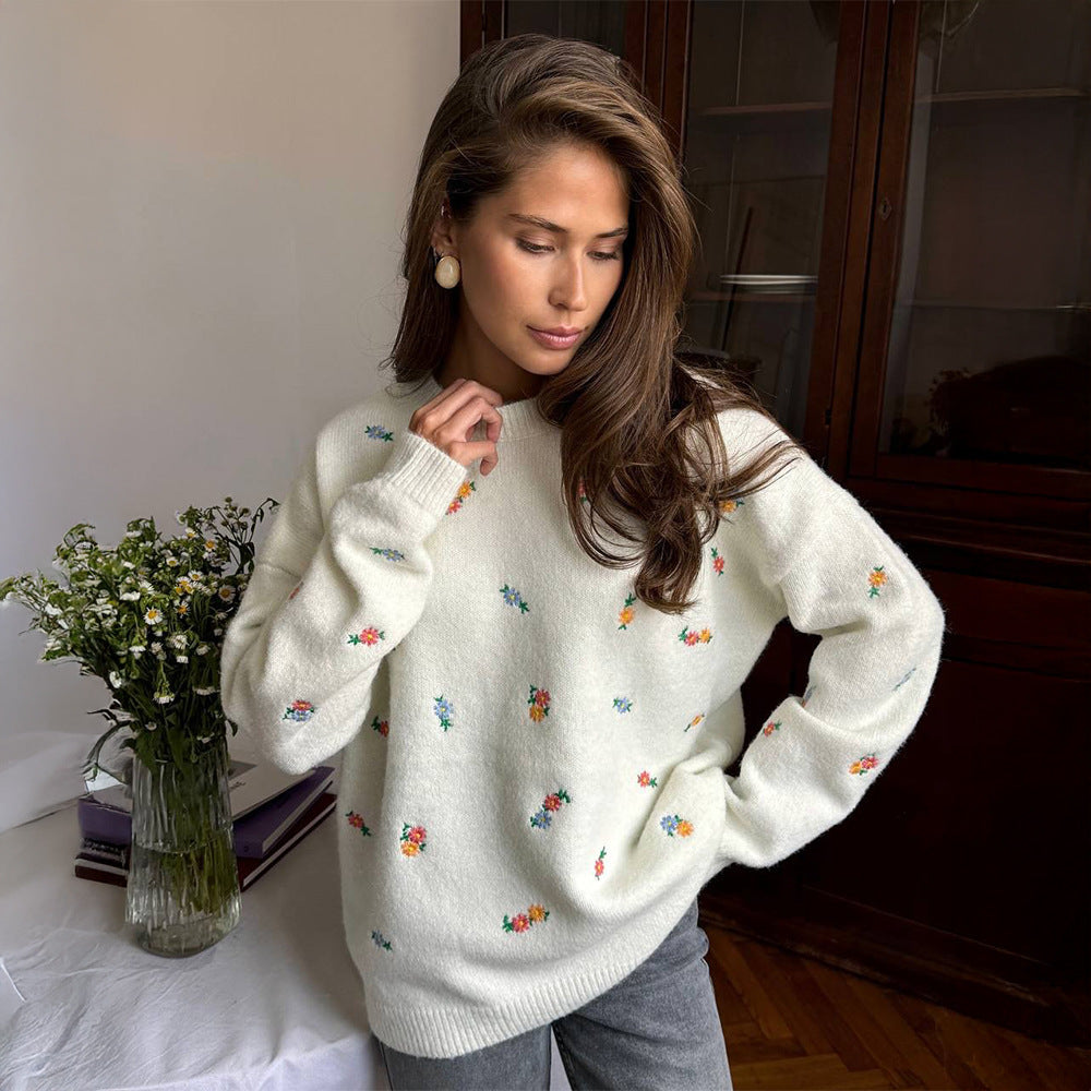 Damen Verspielter Pullover mit floralen Stickereien Sovae