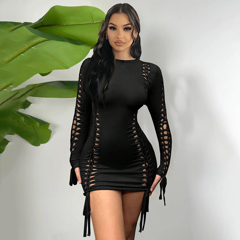 Damen figurbetontes Langarmkleid mit Cut-Outs und Rüschen Sovae