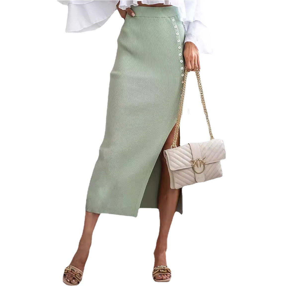 Damen Strickrock mit seitlichen Knöpfen und hohem Schlitz Sovae