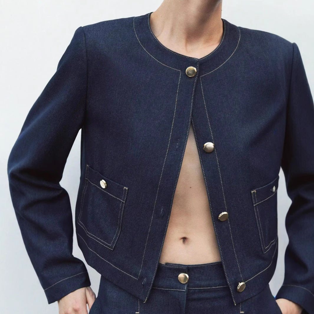 Damen cropped Jeansjacke mit aufgesetzten Taschen und eleganter Knopfdetails Sovae