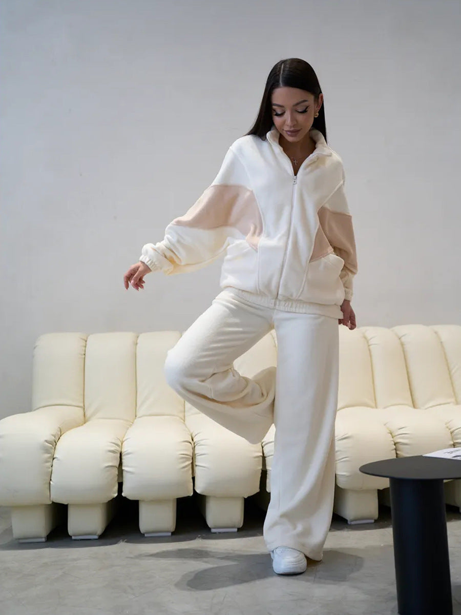 Damen sportliches Fleece-Set mit hochgeschlossenem Kragen und weiten Hosen Sovae