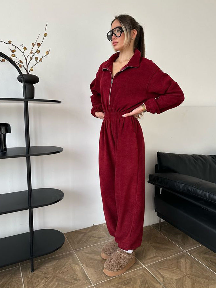 Damen Fleece-Loungeanzug mit hohem Kragen und elastischer Taille Sovae