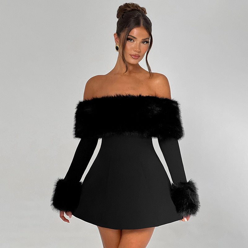 Damen Off-Shoulder Kleid mit eleganter Pelzverzierung Sovae