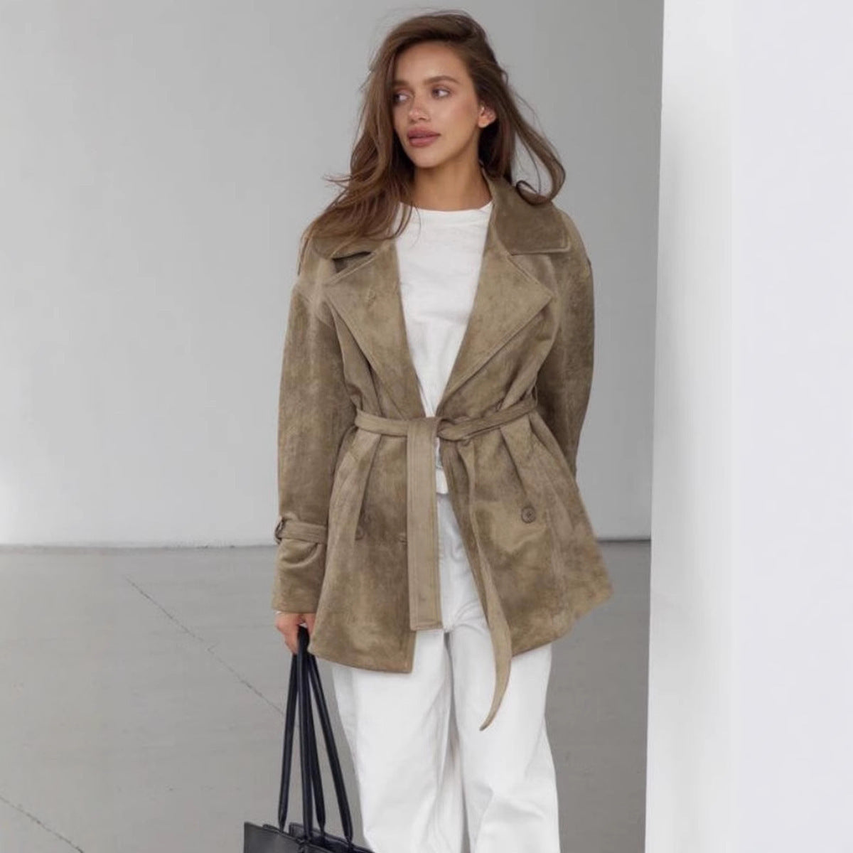 Damen Elegante suède Jacke mit Gürtel Sovae