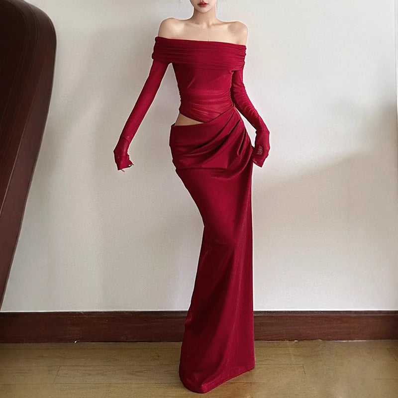 Damen elegantes Off-Shoulder Maxikleid mit raffinierten Rüschendetails Sovae