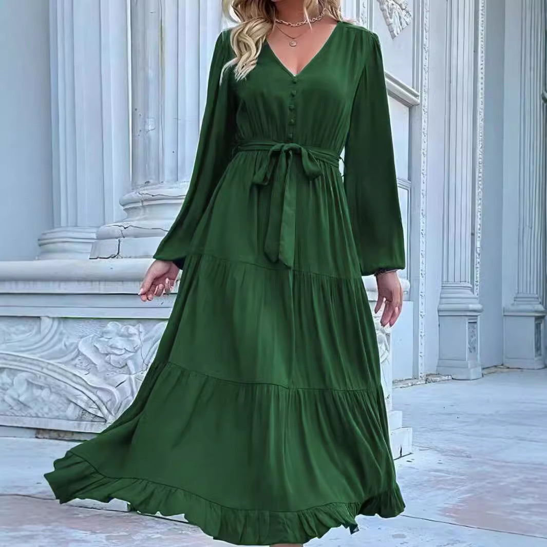 Damen Maxikleid mit V-Ausschnitt und eleganter Taillenbindung Sovae