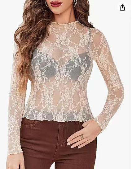 Damen Elegante Spitze Langarmoberteil Sovae