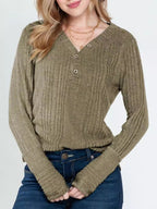 Damen lässiger Strickpullover mit Knopfdetails und gerafften Ärmeln Sovae