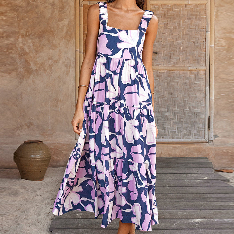 Damen Maxikleid mit breiten Trägern und mehrlagigem Volant Sovae
