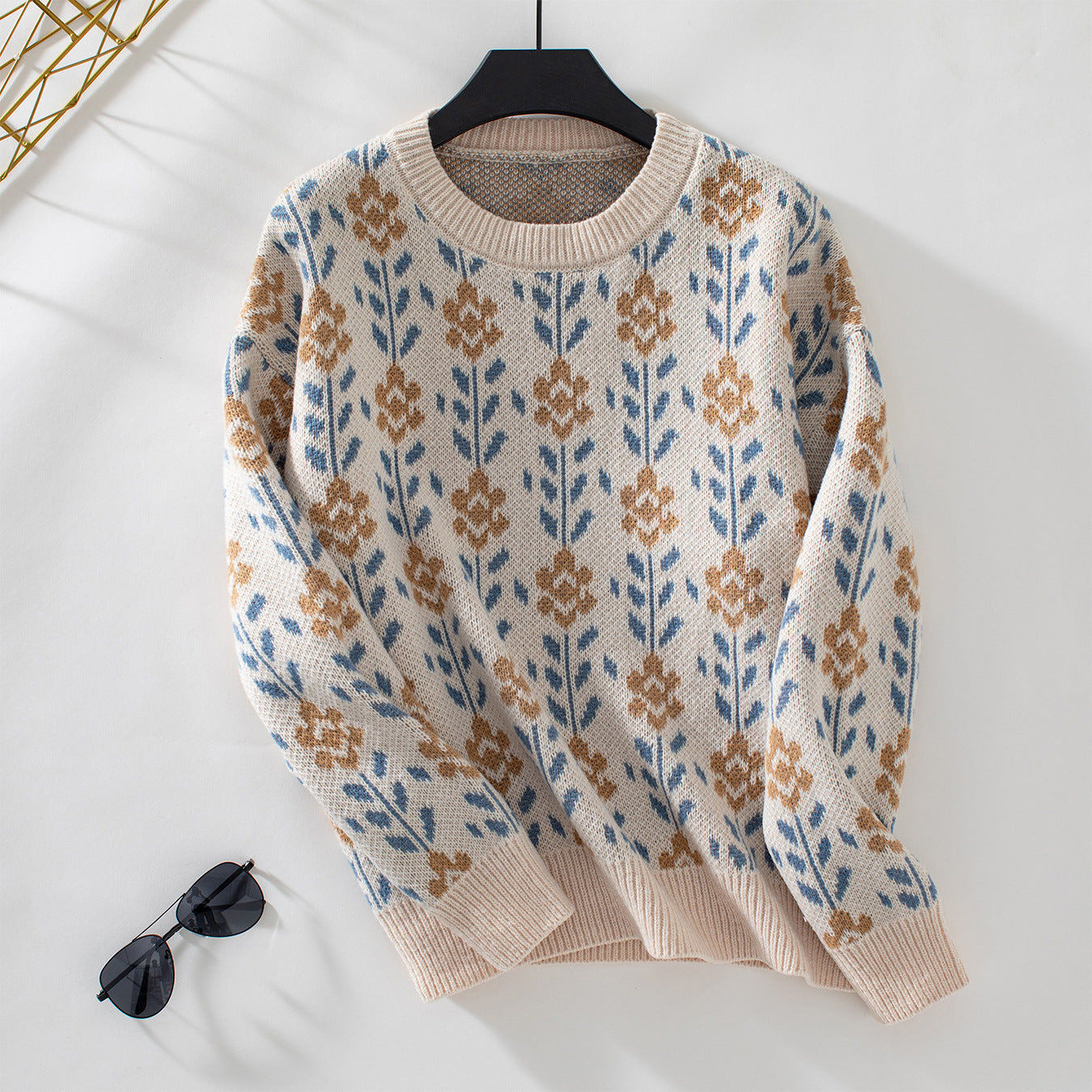 Damen lässiger Pullover mit floralem Muster und Rundhalsausschnitt Sovae