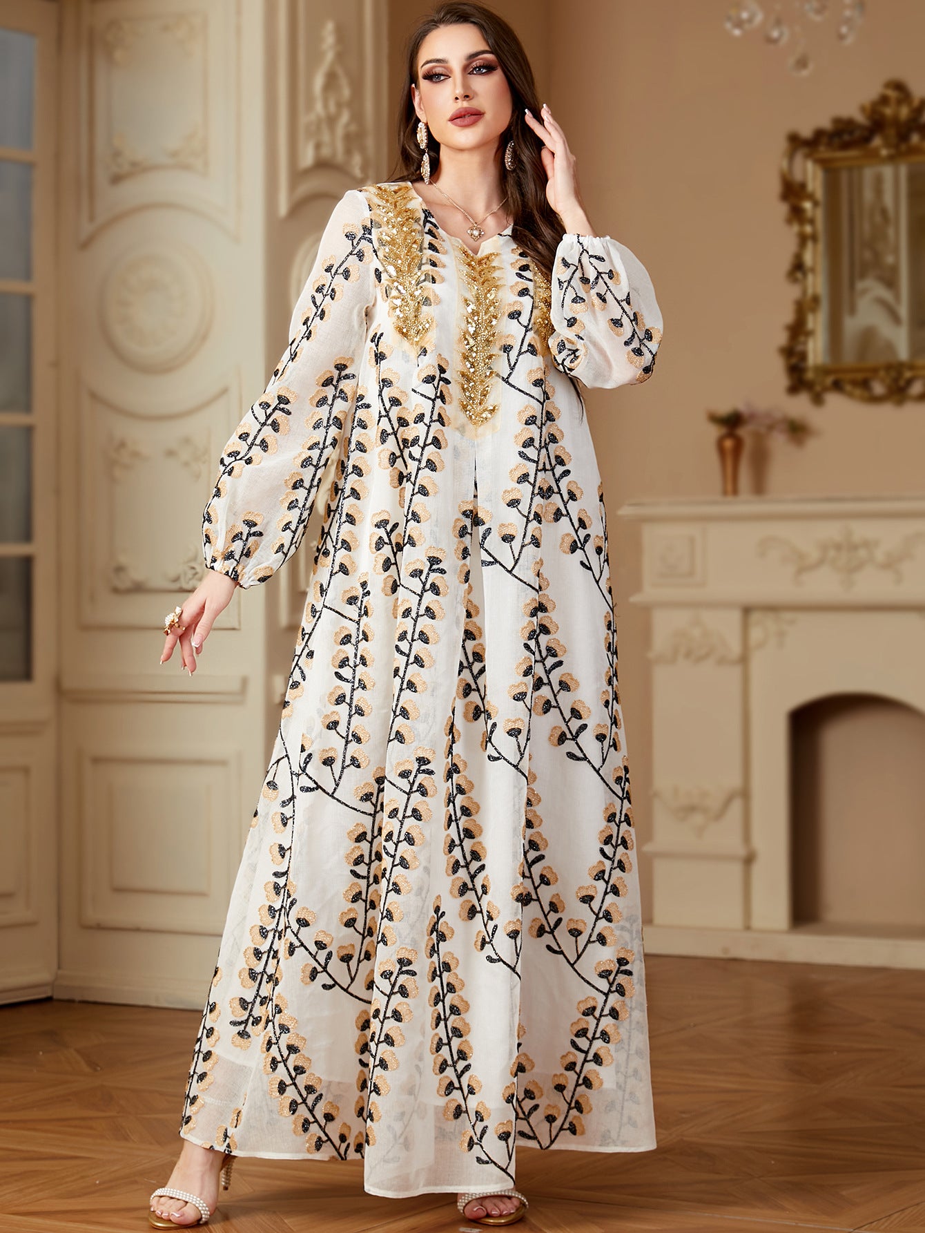 Damen Luftige, bodenlange Kaftan-Robe mit feiner Goldstickerei Sovae