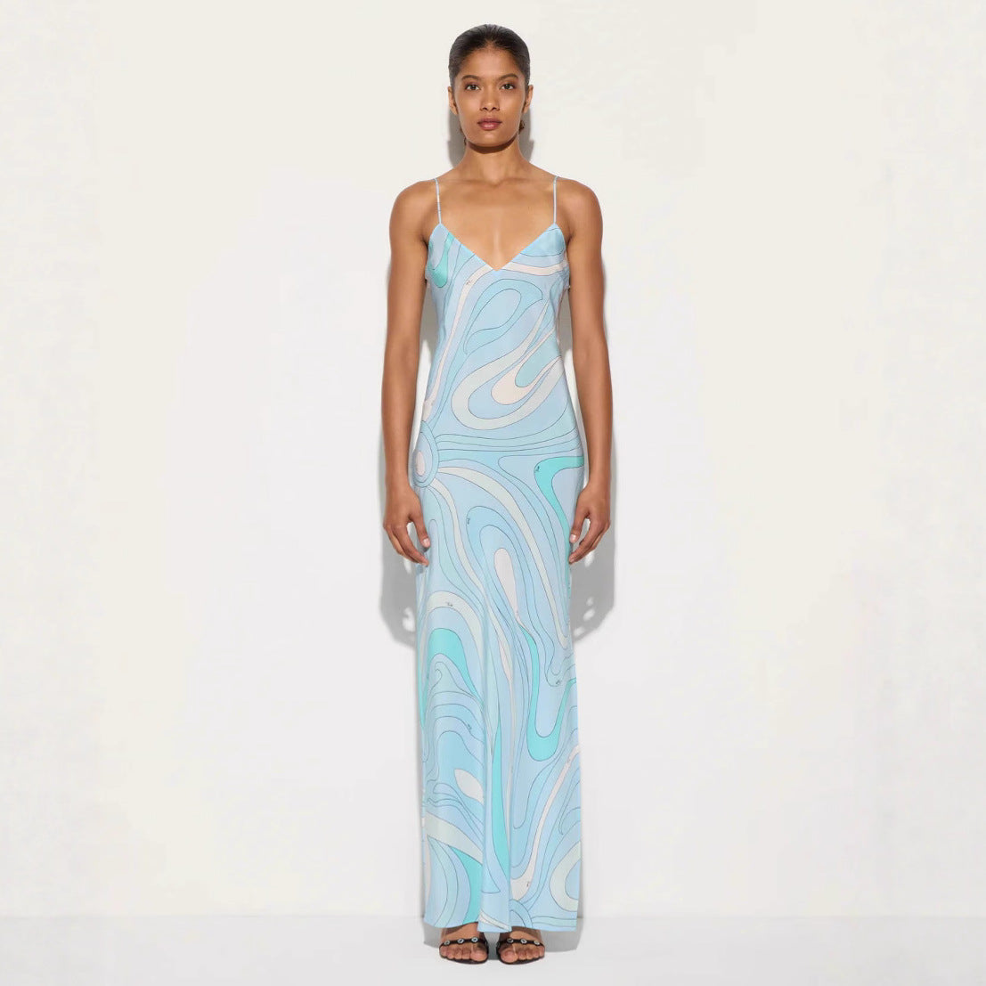 Damen Maxikleid mit schmalen Spaghettiträgern und elegantem V-Ausschnitt Sovae