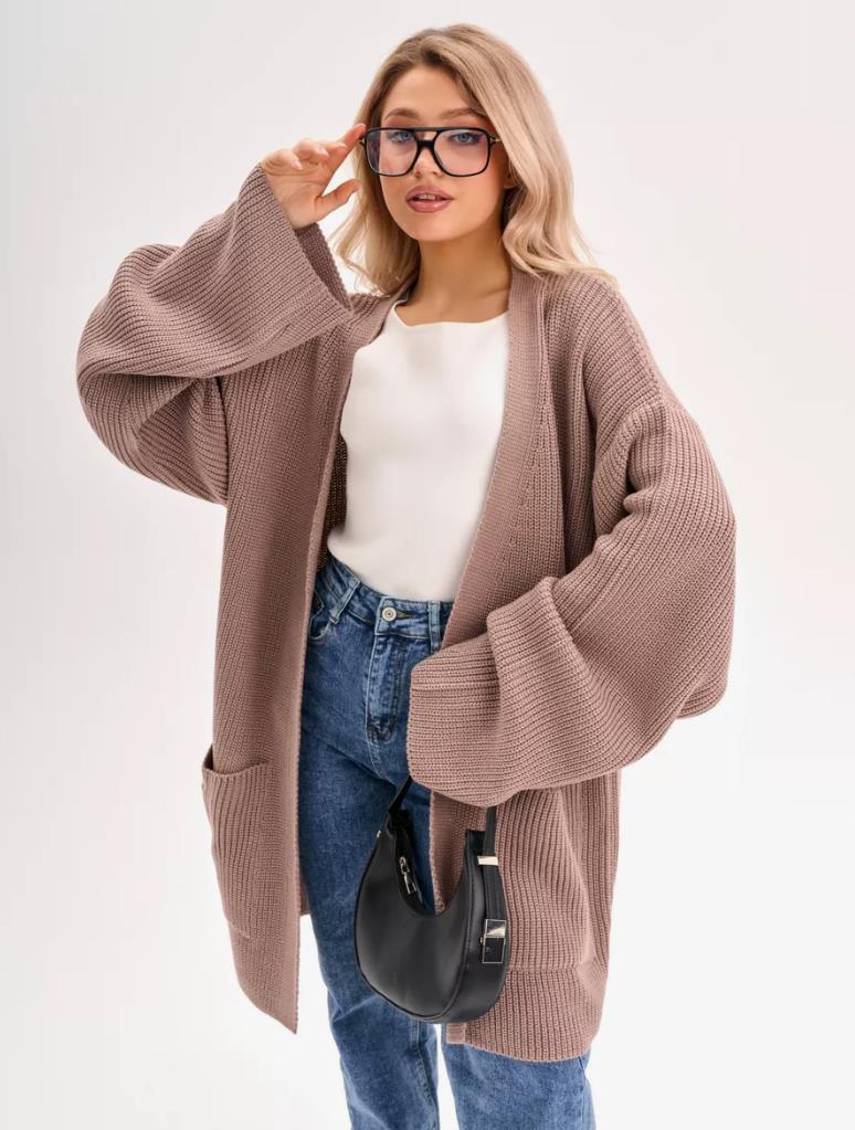 Damen Großer Strickcardigan mit voluminösen Ärmeln und praktischen Taschen Sovae