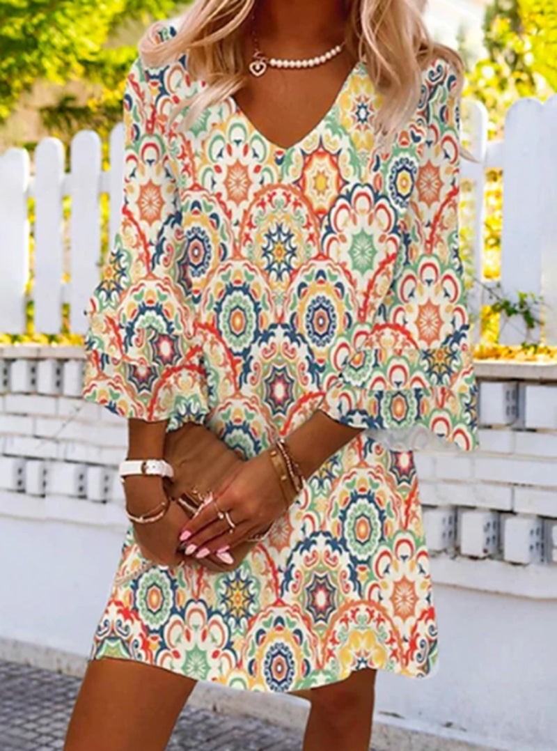 Damen Wickelkleid mit modernen Mustern und voluminösen Ärmeln Sovae